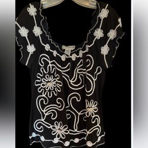 Lauren Michelle Black Blouse with White Embroidered Floral Trim